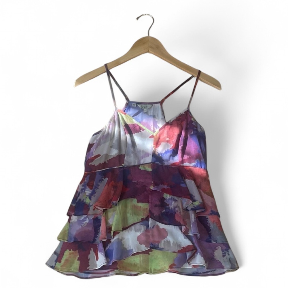 Guess multicolor babydoll asymmetric ruffle tank top wearable Art Woman’s Small